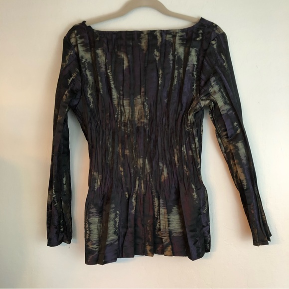 Babette Pleated Crinkle Long Sleeve Dark Purple &Black Square Neck Top Petite - Picture 11 of 15
